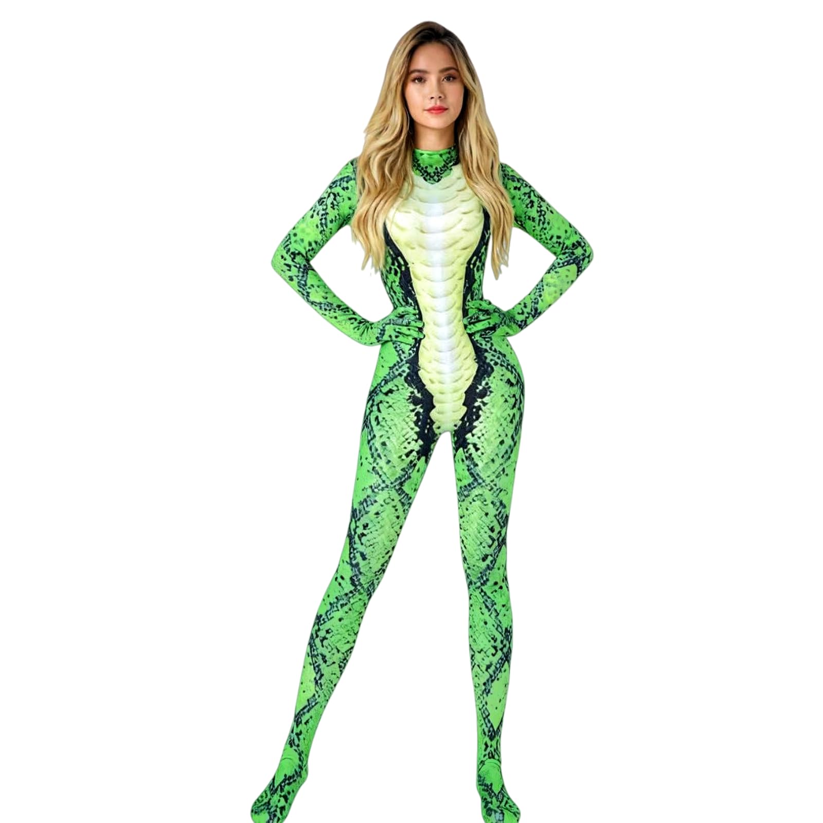 Women’s Snake Bodysuit Snakeskin Catsuit Cosplay, Full Body Halloween Reptile Costume Suit Outfit, Back Zipper, Stretch