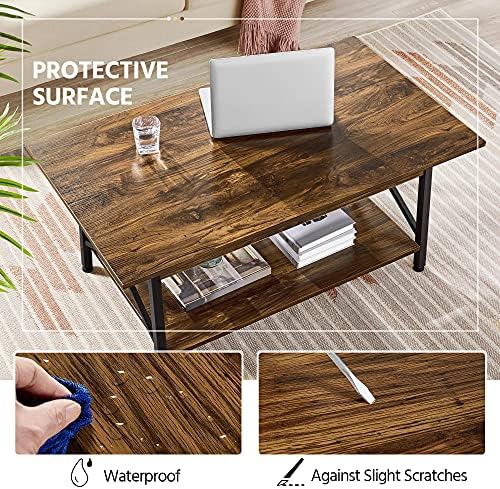Yaheetech Industrial Coffee Table, Living Room Table with Metal Frame and Storage Shelf for Bedroom, Office, Dark Brown, 106x 60x45.5cm