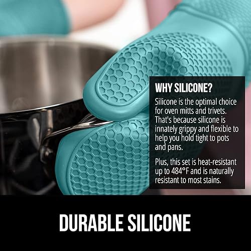 Miniatura 30 de GORILLA GRIP Juego de 4 manoplas de horno de silicona suave sin BPA y soportes para ollas, resistentes al calor, forro de algodón grueso, agarre Rojo