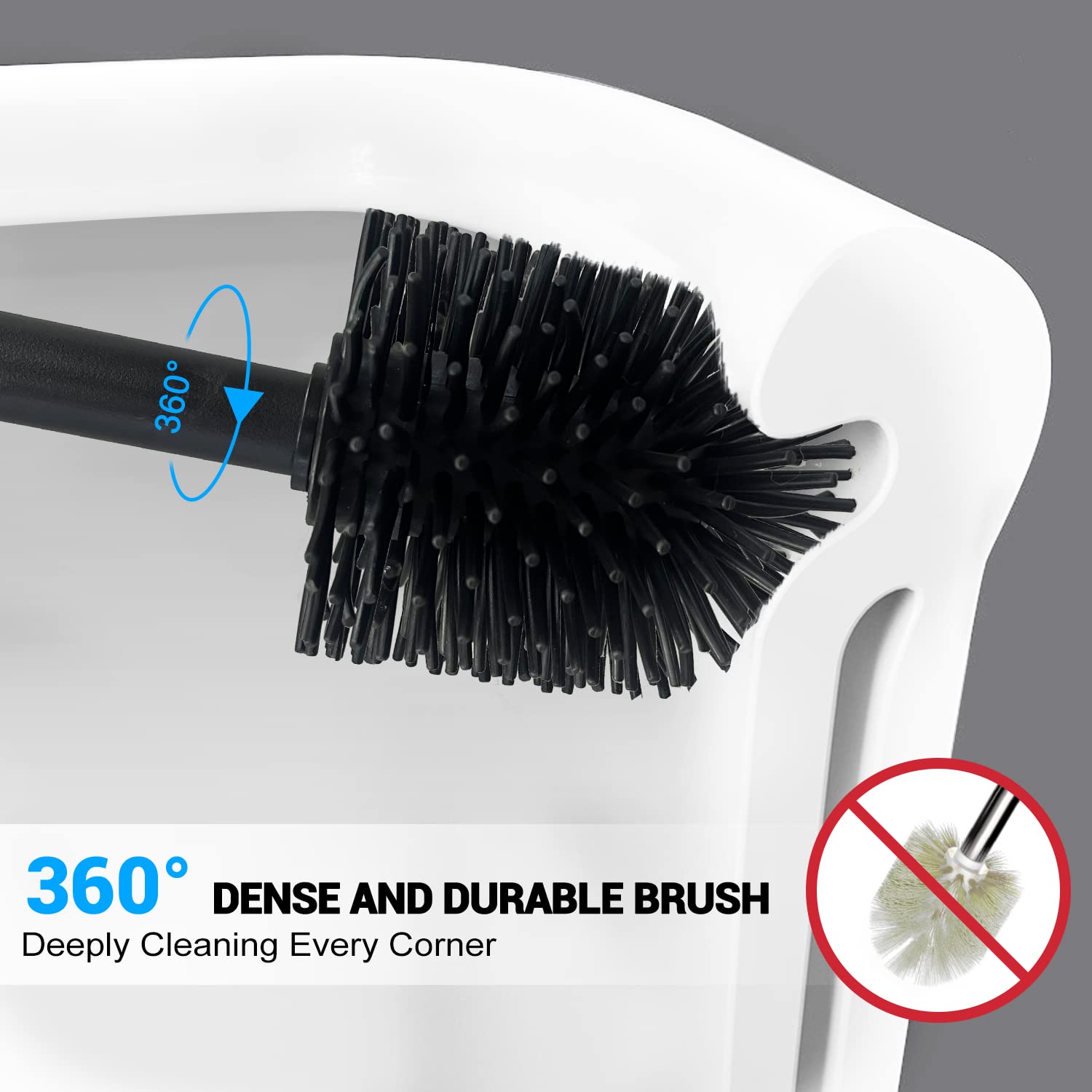 HiWODO Silicone Toilet Brush with Holder,Toilet Brushes & Holders Includes 2 Quick Drying Loo Brush Heads,Deep Hygienic Toilet Cleaner Brush Set including Long Rubber Handle for Bathroom Cleaning (Black) - Image 2
