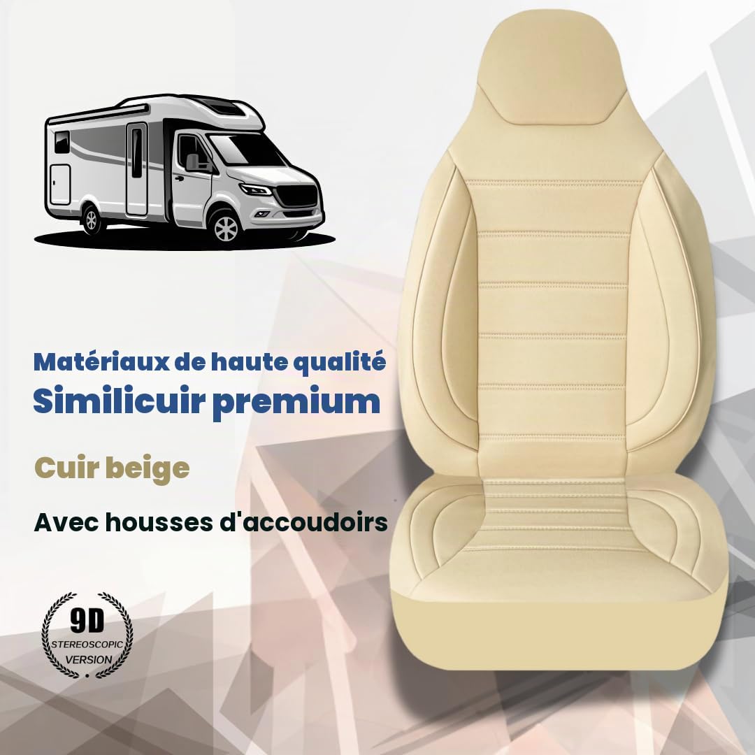 Lot de 2 housses de siège compatibles avec Fiat Ducato, camping-car, pour conducteur et passager, avec housses d'accoudoir, pour Pössl, Knaus, Adria, Carthago - Beige