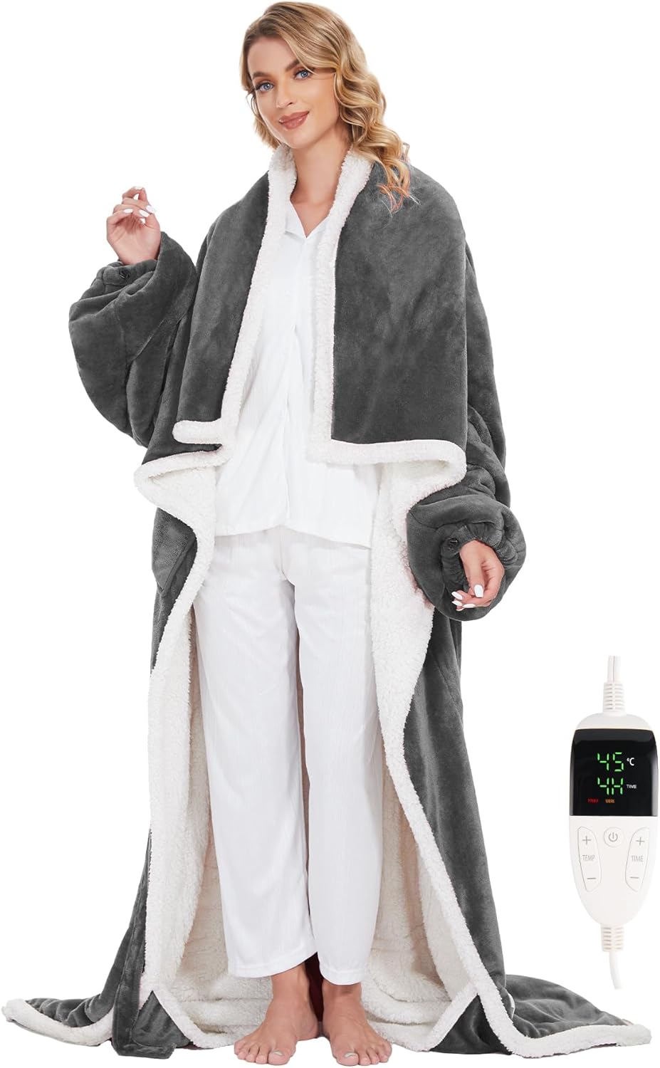 SIHOHAN Electric Heated Blanket - Wearable Heating Blanket Throw with Foot Pockets & Sleeves Flannel & Sherpa Wearable Blanket 6 Heating Levels&Timer Snuggle Blankets for Home/Office - Image 6