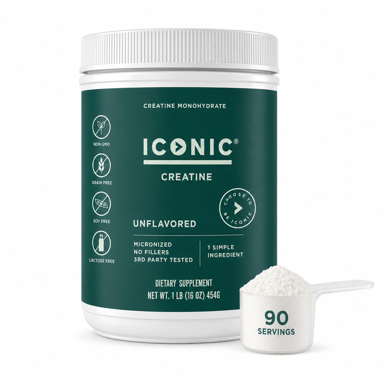 ICONIC Creatine Monohydrate Powder for Women and Men, Unflavored and Micronized, 5g Pure Single Ingredient Creatine, Third-Party Tested for Purity, 90 Servings, 1 lb Tub