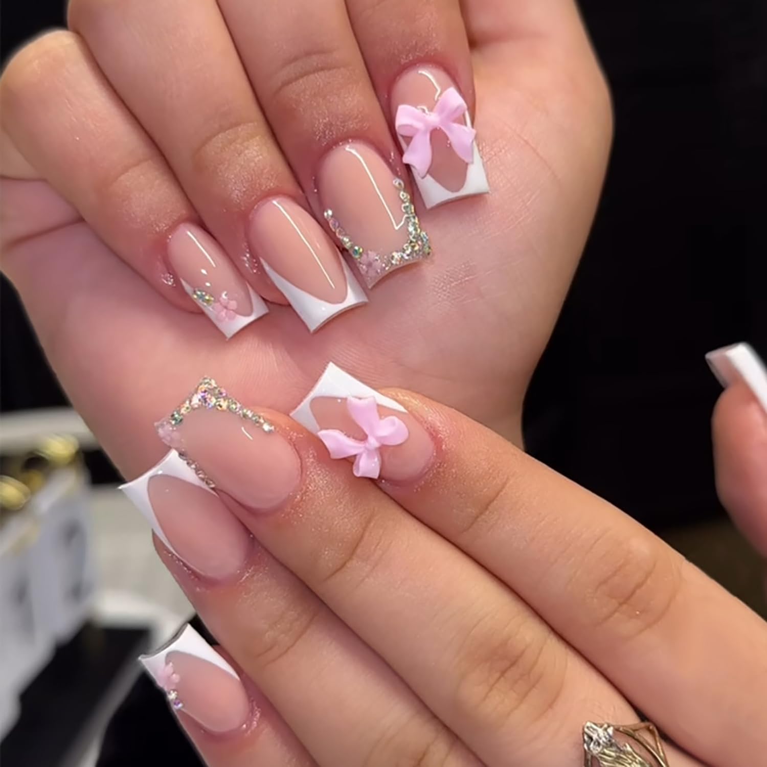 Short Square Press on Nails French Tip Fake Nails with Glitter Rhinestone Flowers Design Cute Bow Stick on Nails Nude Pink False Nails Reusable