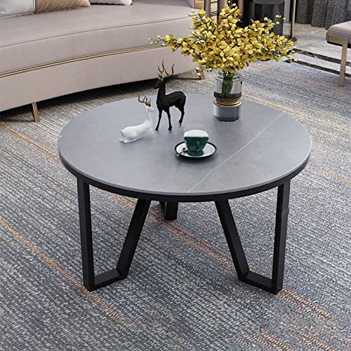 Table Basse Moderne en Ardoise pour Salon, Table Centrale Ronde, Table de canapé avec Plateau en Pierre frittée et Table à thé en métal Robuste pour Petits espaces, Salon, Chambre, Balcon (cadr