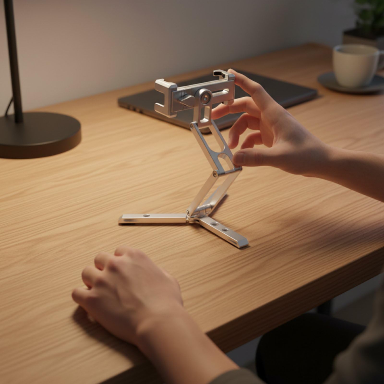 Soporte para Teléfono Plegable Trípode Soporte Escritorio Soporte Móvil Ajustable en Aleación de Aluminio Plegable Ligero Adecuado para Edición Rápida, Plateado, Perilla