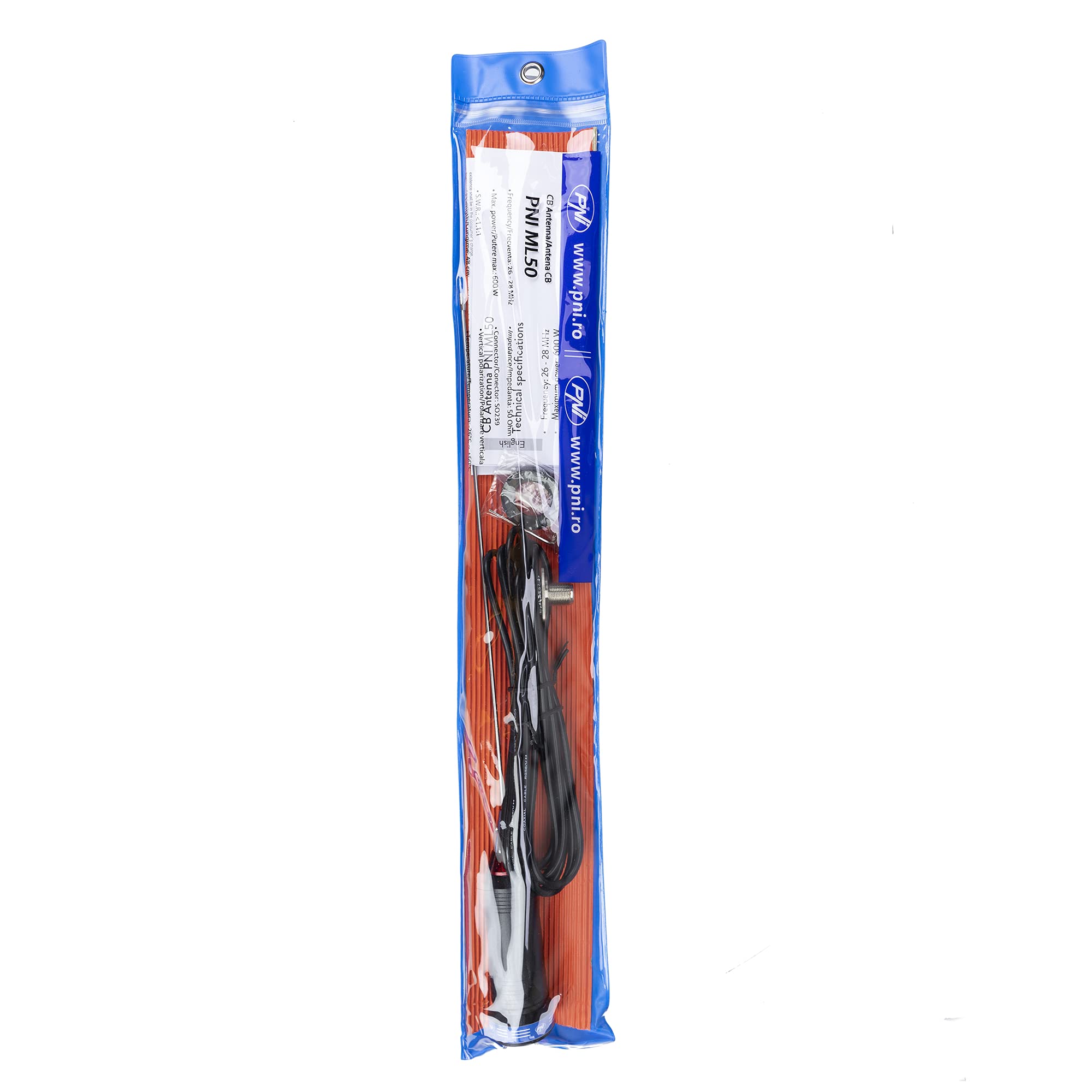 Antenna CB PNI ML50, lunghezza 48cm, 26-28MHz, 600W con cavo di collegamento RG58 3,5 metri, senza spina PL259