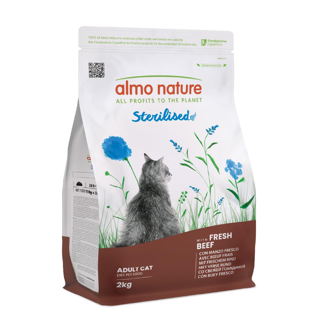 Almo Nature Sterilised - Crocchette Gatto Sterilizzato con Manzo Fresco - A Basso Contenuto di Magnesio e con Fibre per il Controllo del Peso - Sacco da 2kg