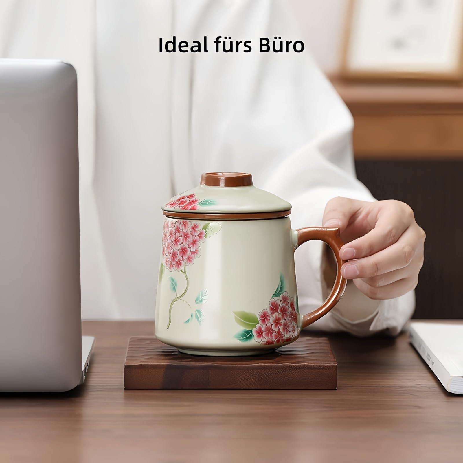 Ceramiczna filiżanka do herbaty z pokrywką 400 ml, separacja herbaty z sitkiem i uchwytem, 2 kolory (wzór Hydrangea), zestaw pojedynczy lub 4 sztuki (zielony, 4 sztuki)