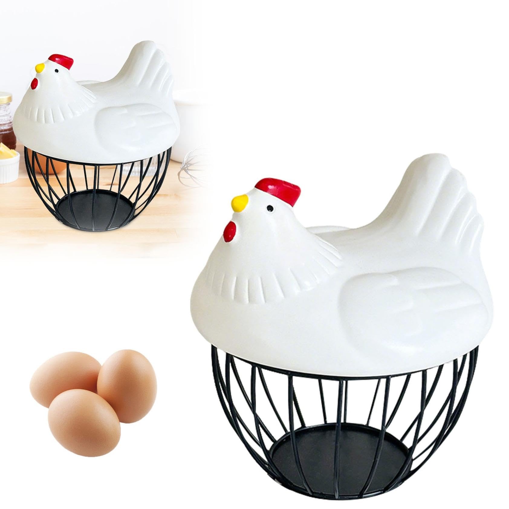 Cesta de cerámica para huevos para 15 huevos, estuche organizador, almacenamiento de hierro para cocina, cocina, verduras, frutas, decoración de gallina, ideal para el hogar y restaurante