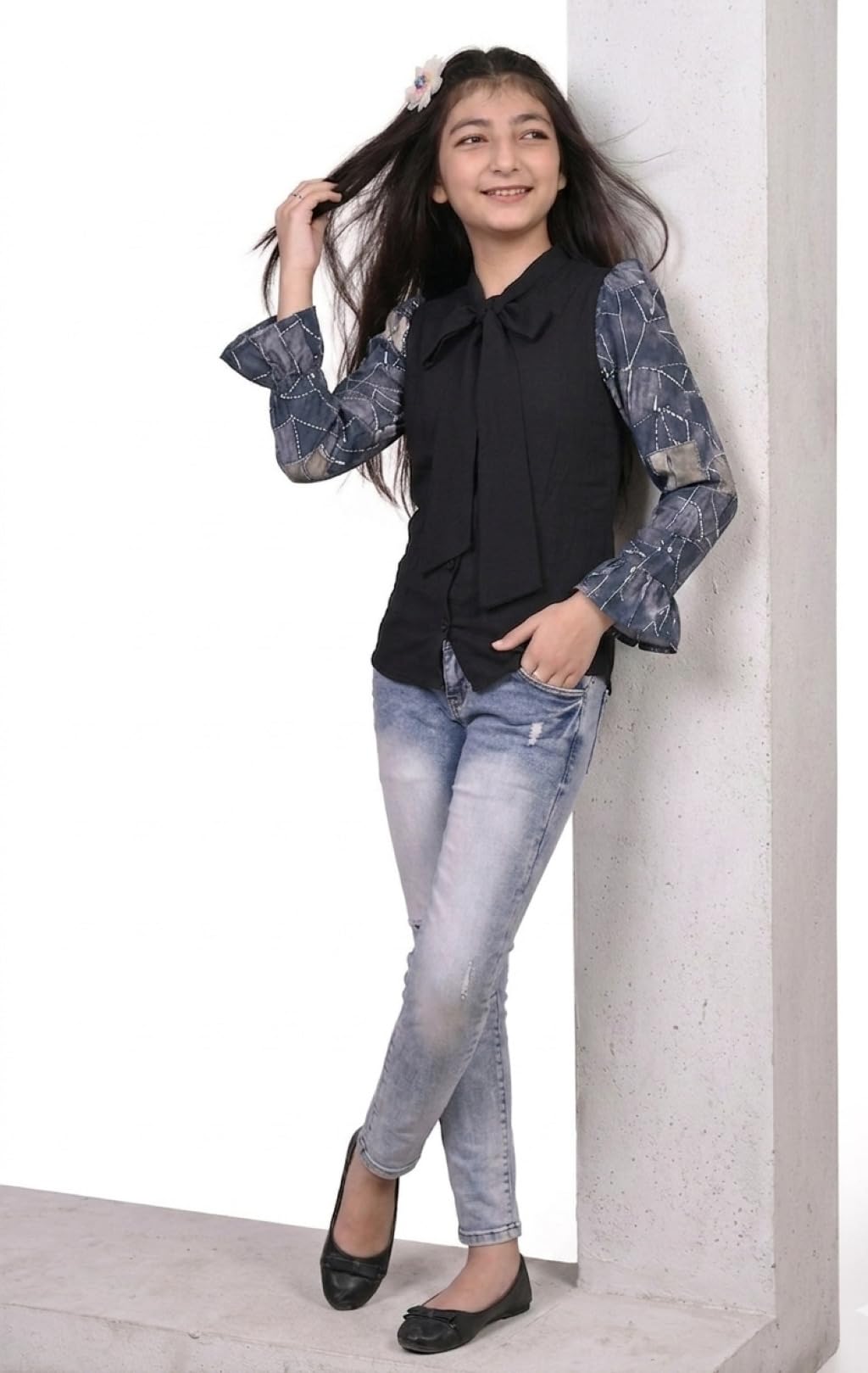 ORIEX THE ORIGINAL FASHION OX-Girls Tie Bow Neck Solid Color with Floral Print Sleeves top-74 Grey 13-14Y 3