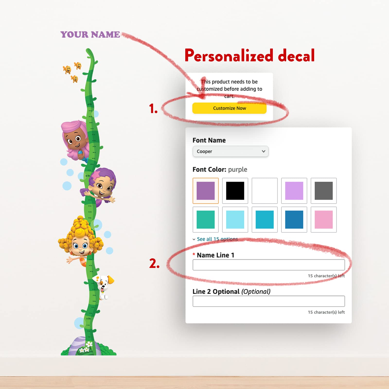 Oliver's Labels Tabla de crecimiento para niños, bonita calcomanía de pared personalizada, regla para tamaño infantil, calcomanía de medición de altura para niños, decoración para niños y niñas