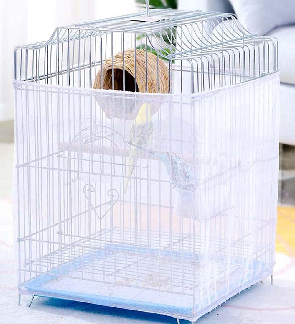 Cubierta universal para jaula de pájaros, atrapasueños de semillas de pájaros, malla de nailon suave y aireada para loros, periquitos, guacamayos, guacamayos, tamaño ajustable, blanco
