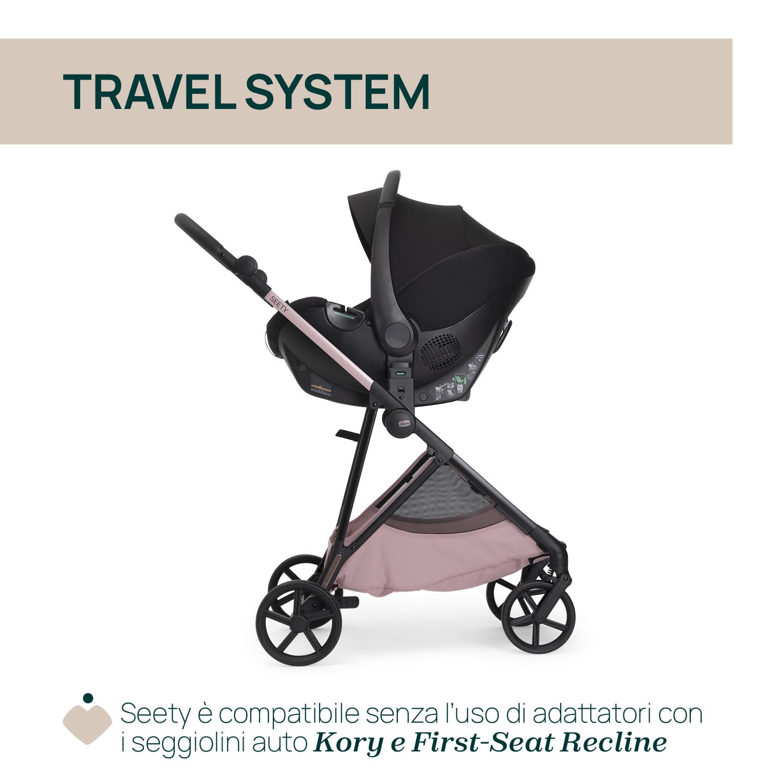 Chicco Passeggino Seety, Passeggino Leggero e Compatto Da 0 Mesi a 4 Anni, Portata Max 22kg, Passeggino Pieghevole, Schienale Reclinable, Chiusura Automatica in 1 Gesto, Capotte Parasole e Parapioggia