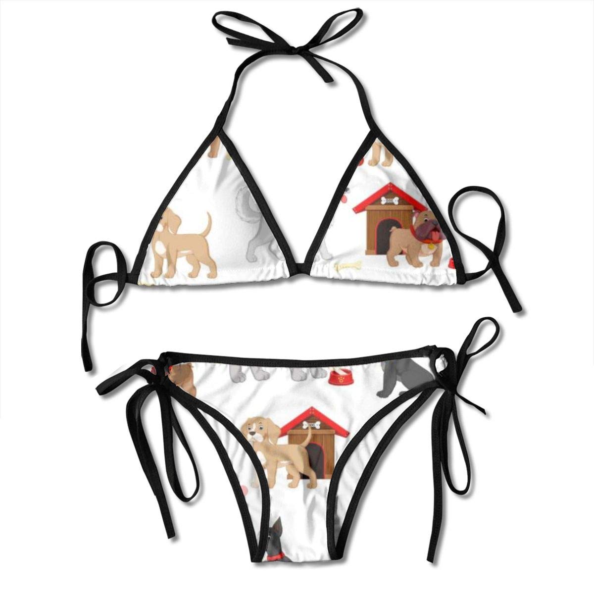 CYEfuzhuang Women Seamless Pattern with Cute Cartoon Dog Two Pieces Women's Strap Side Deep V Print High Cut Bikini Set Swimsuit