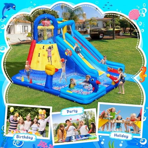 Water Bounce House Double Slide for Kids 3-12, Extra Large Inflatable Bouncy Castle with Long Slide, 550W Air Blower, Ball Pit, Swim Pool, Climbing, Bouncy House for Party Birthday Event