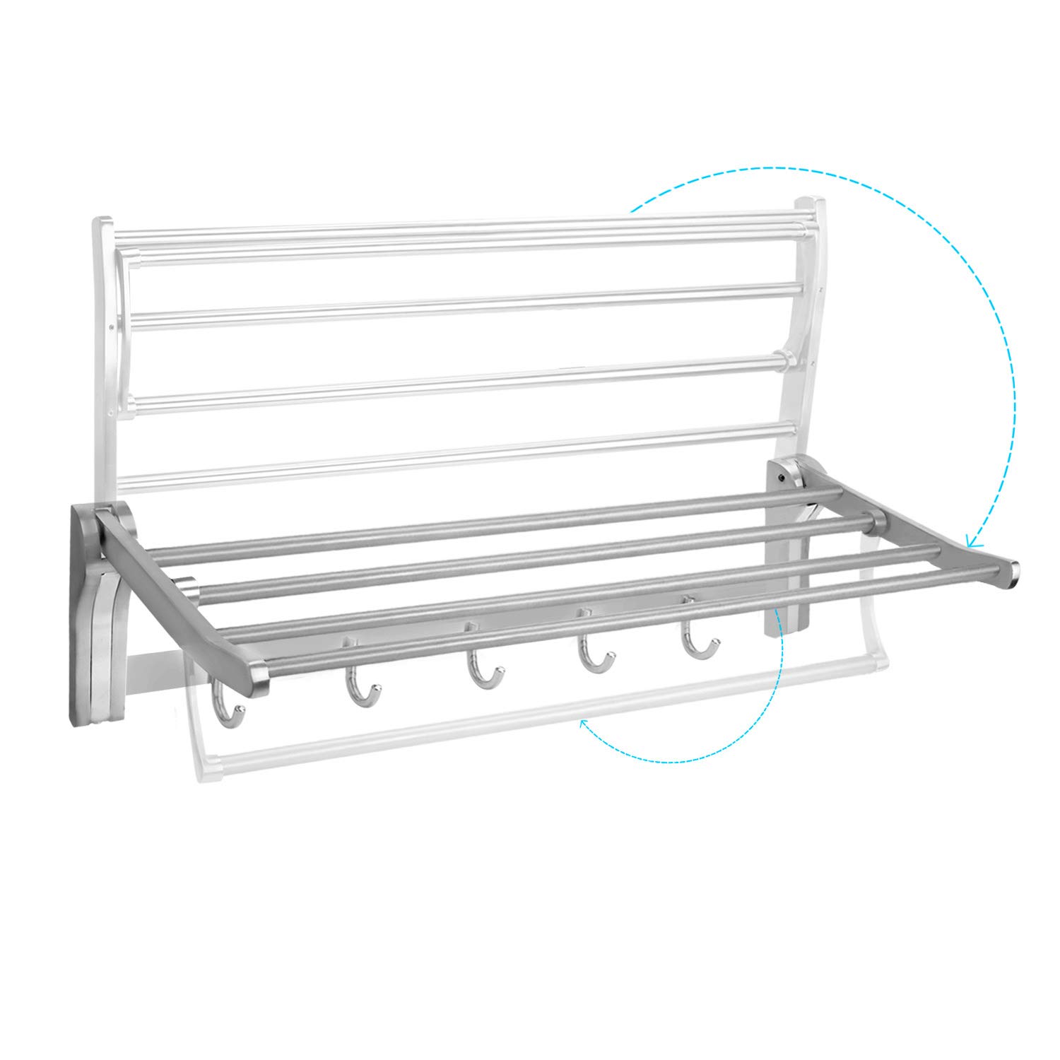 Togu sus 304 Acero inoxidable 5 estante plegable toallero de barra con 5 ganchos, Heavy Duty toalla estantes montado en la pared para baño, aseo, acabado en acero inoxidable cepillado