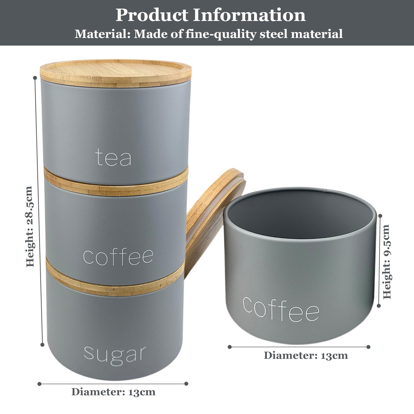 SAFRI 3 Pieces Jar with Wooden Lid Tea Coffee Sugar Canister Storage Container Bowl Pots Kitchen Storage Tins (Grey) - Image 3