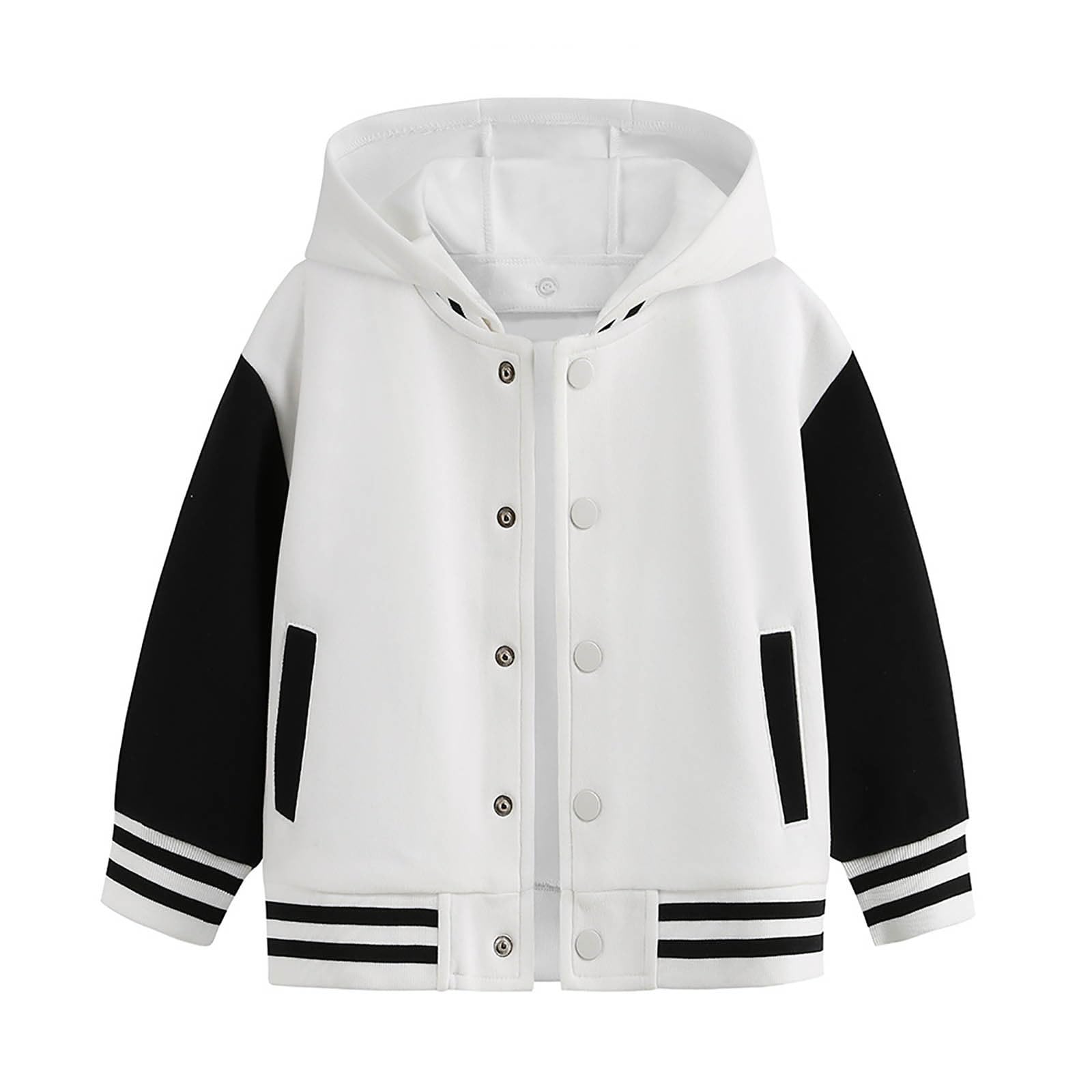 Abrigo con capucha de béisbol con bloques de color y manga larga para otoño y primavera para niños y niñas, combinación de tejidos, con botones a presión, estilo retro americano, moderno.
