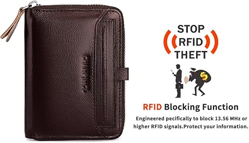 Miniatura 4 de CHANPINCL Cartera de cuero genuino con cremallera RFID segura de gran capacidad para hombres y tarjetas de extracción, Cuero curtido vegetal marrón,