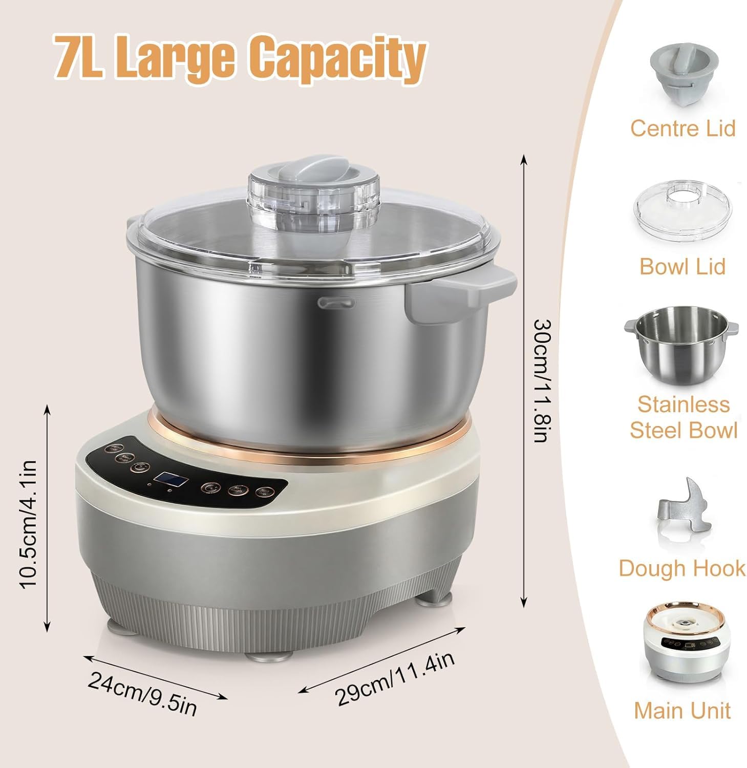 TYH Batidora De Masa De Gran Capacidad De 7 litros, Amasadora De Masa De 200 W, con Fermentación Termostática (25-38 ℃), Batidora De Alimentos De Acero Inoxidable 304 para Hornear
