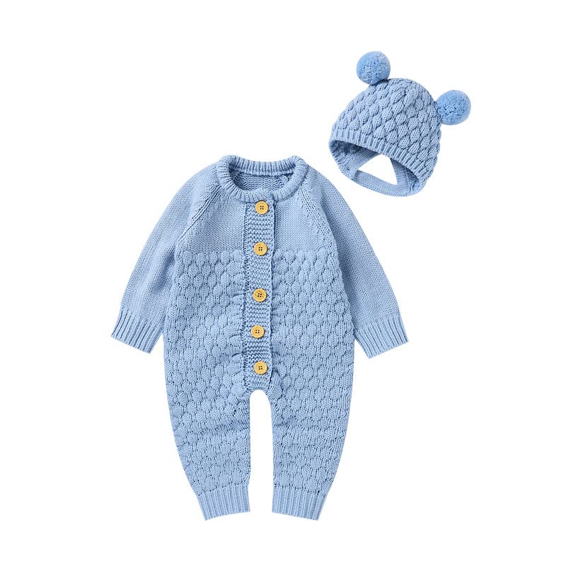 Image of LAWKUL Baby Outfit Cotton Knit Newborn Infant Romper Knitted Longsleeve Sweater Clothes With Warm Hat Set Toddler Boy Girl