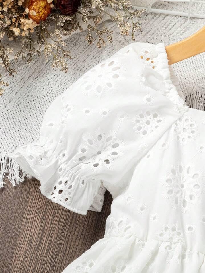 Image of Niren Enterprise Girl's A-Line Knee Length Cotton Eyelet Embroide Dress with Puff Sleeves, Floral Pattern, and Square Neckline