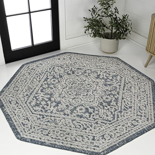 JONATHAN Y Medallion Weave Indoor Outdoor Octagon Area Rug 8 Ft Teal Blue/Gray, Sinjuri Textured for Backyard, Patio, Porch, Easy-Cleaning, High Traffic, Pet-Friendly, Non-Shedding (SMB101C-8TGN)