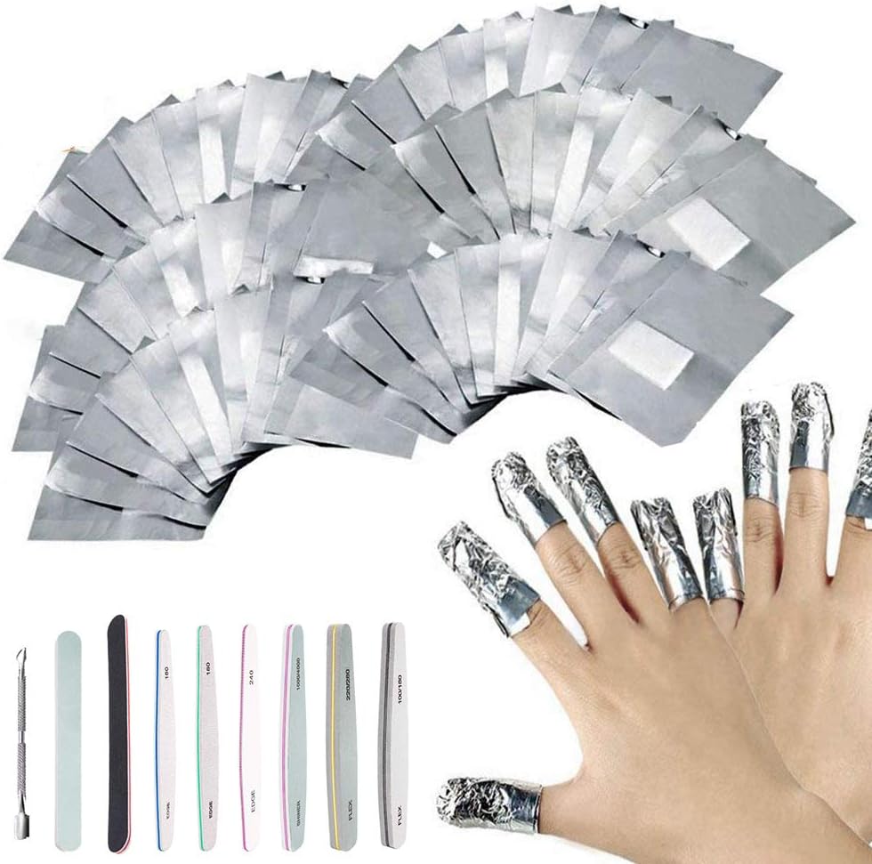 Jooheli Nail Polish Remover Wraps Pads, 200 pieces nail polish remover aluminum foil pads and cuticle pusher and polishing stick, attached 6 piece set nail file set strips remove nail polish