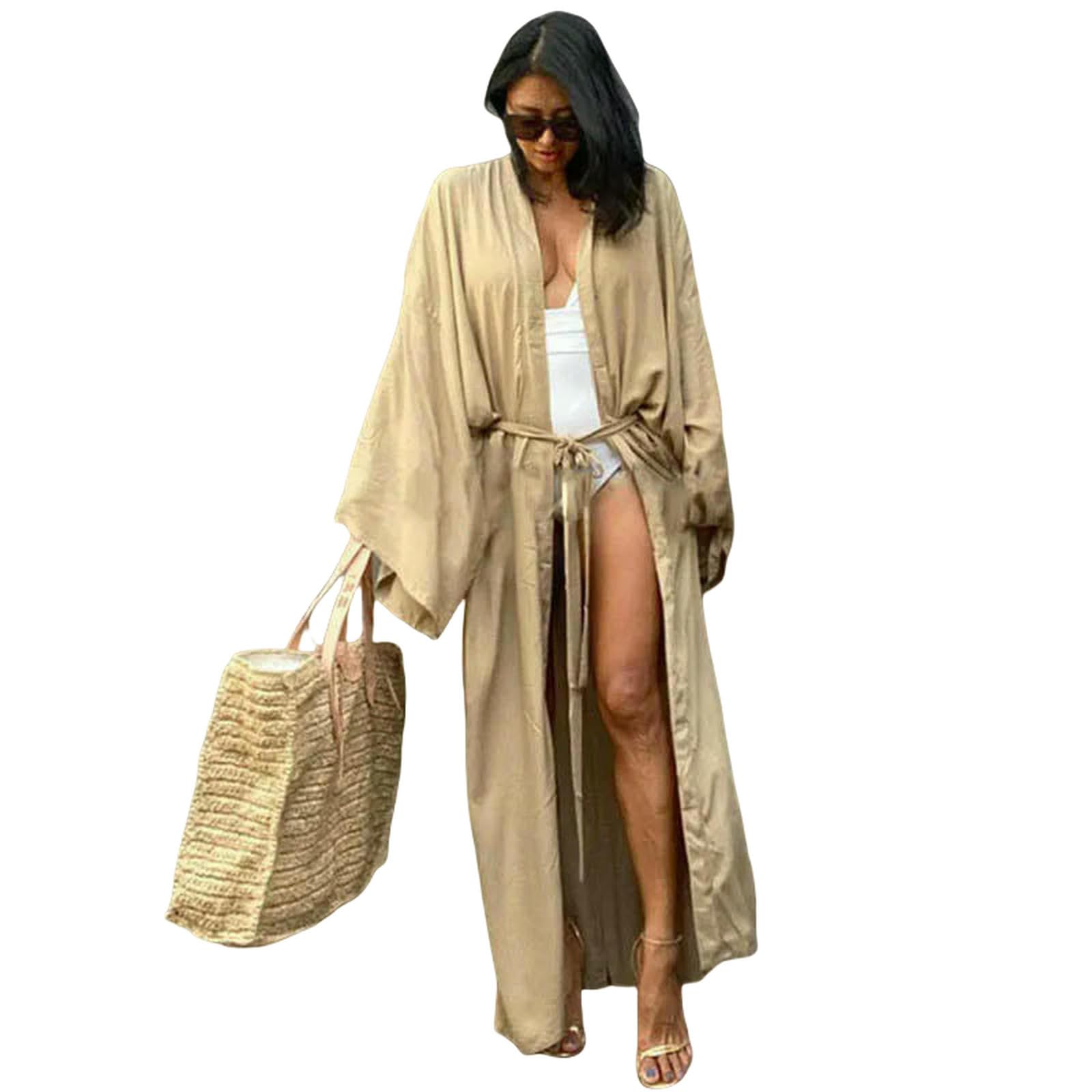 Pareo de Playa Cubierta Bikini Algodón Ups Beachwear Kimono Beach Toba Maxi Vestido Largo Sargg Mujeres Sueltas Trajes Baño-Caqui-Talla Única
