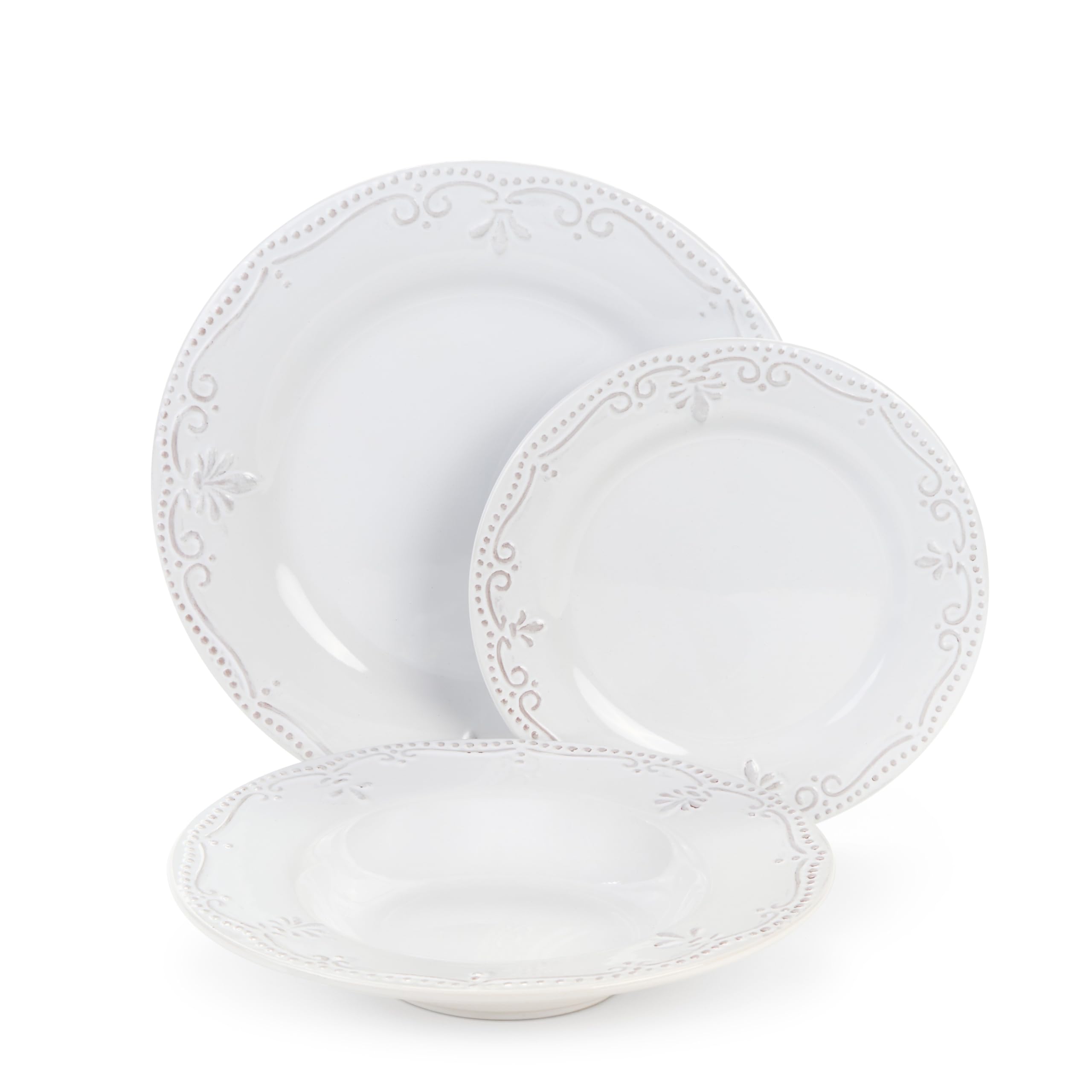 Kombiservice aus Steinzeug für 6 Personen, 18-teilig – Elegantes Geschirr-Set in Weiß mit Relief-Ornamenten, Vintage-Stil
