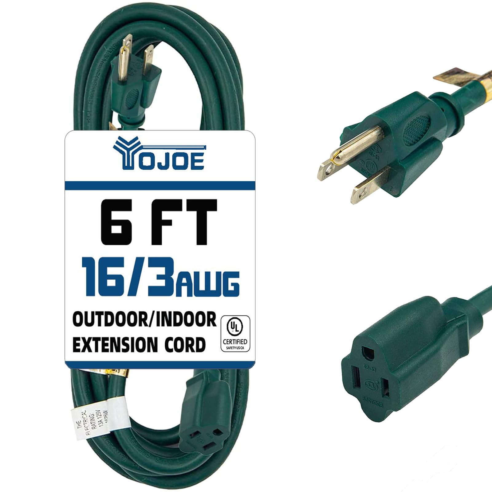 YOJOE - Cable de extensión verde de 6 pies para exteriores, 16/3 SJTW, cable de extensión de luz de Navidad impermeable con enchufe de 3 puntas a tierra, cable de extensión de calibre 16 para jardín,