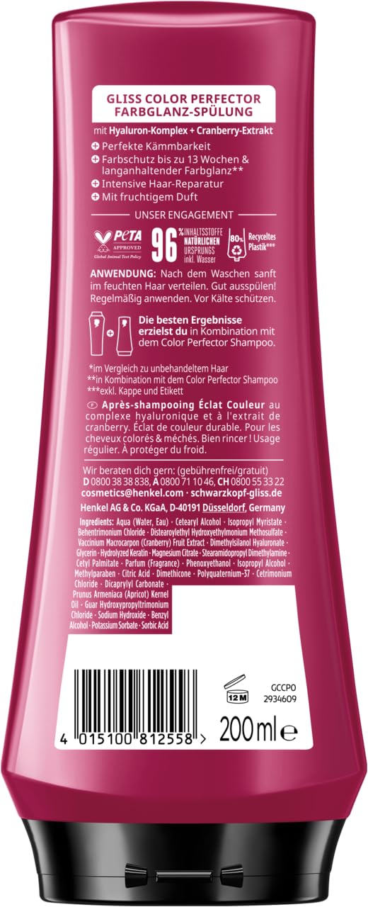 Gliss Kur Gliss Spülung Colour Perfector (10x 200 ml), Conditioner mit Hyaluron-Komplex & Cranberry-Extrakt für gesträhntes & gefärbtes Haar bietet Farbschutz und strahlenden Farbglanz