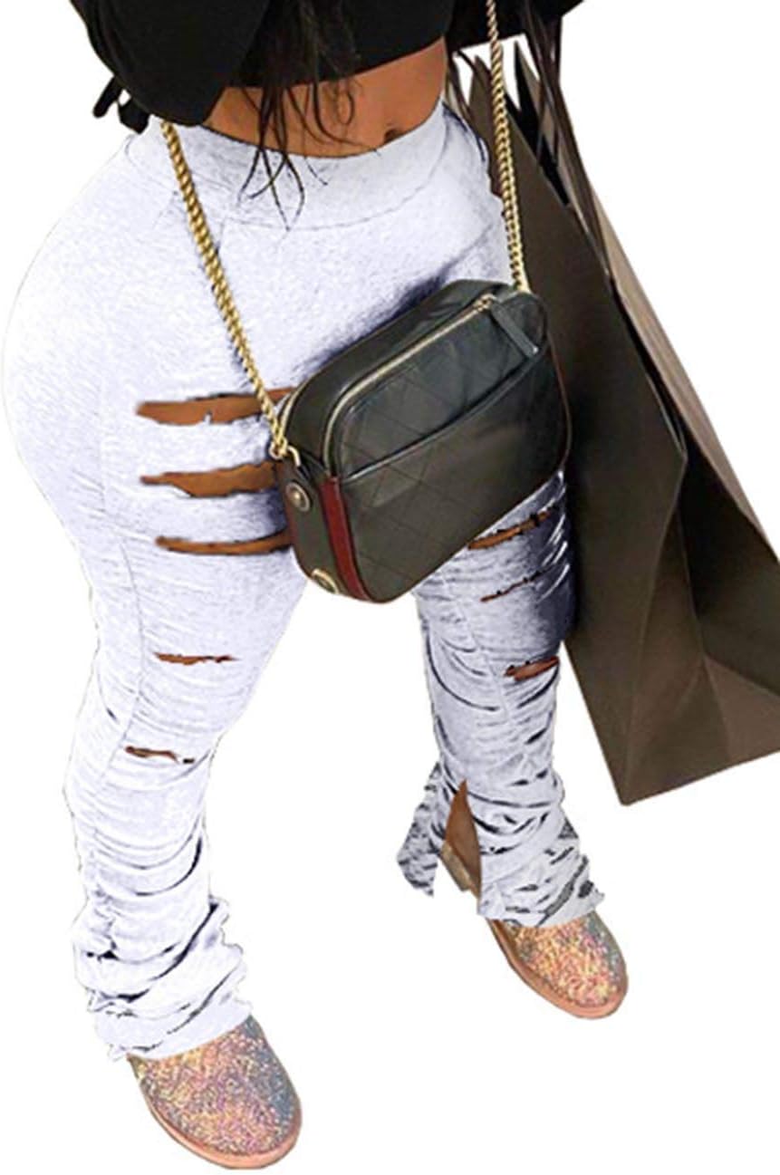 Sexyshine Women's High Waist Ripped Hole Long Joggers Workout Ruched Active Pants Yoga Club Stacked Leggings Sweatpants
