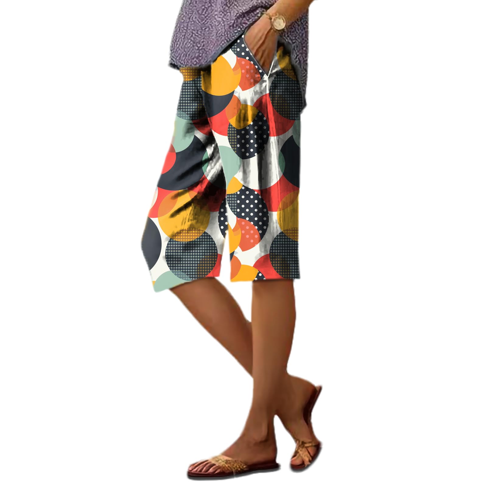 TBILILO Women's Geometric Bermuda Shorts Knee Length Loose Fit with Pockets