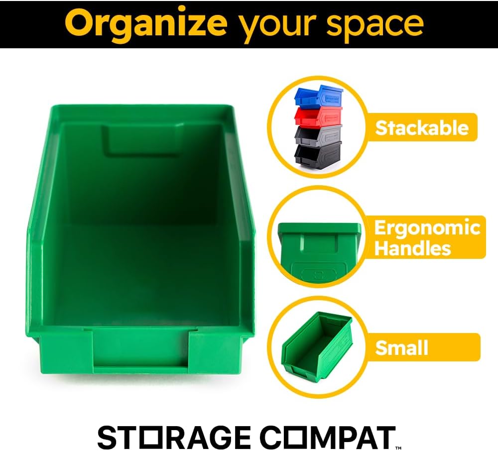 Plastic Storage Bins, Hanging, Stackable, Storage Organizer Bin for Warehouses, Workshops 7-Inch x 4-Inch x 3-Inch (Green, 6-Pack)