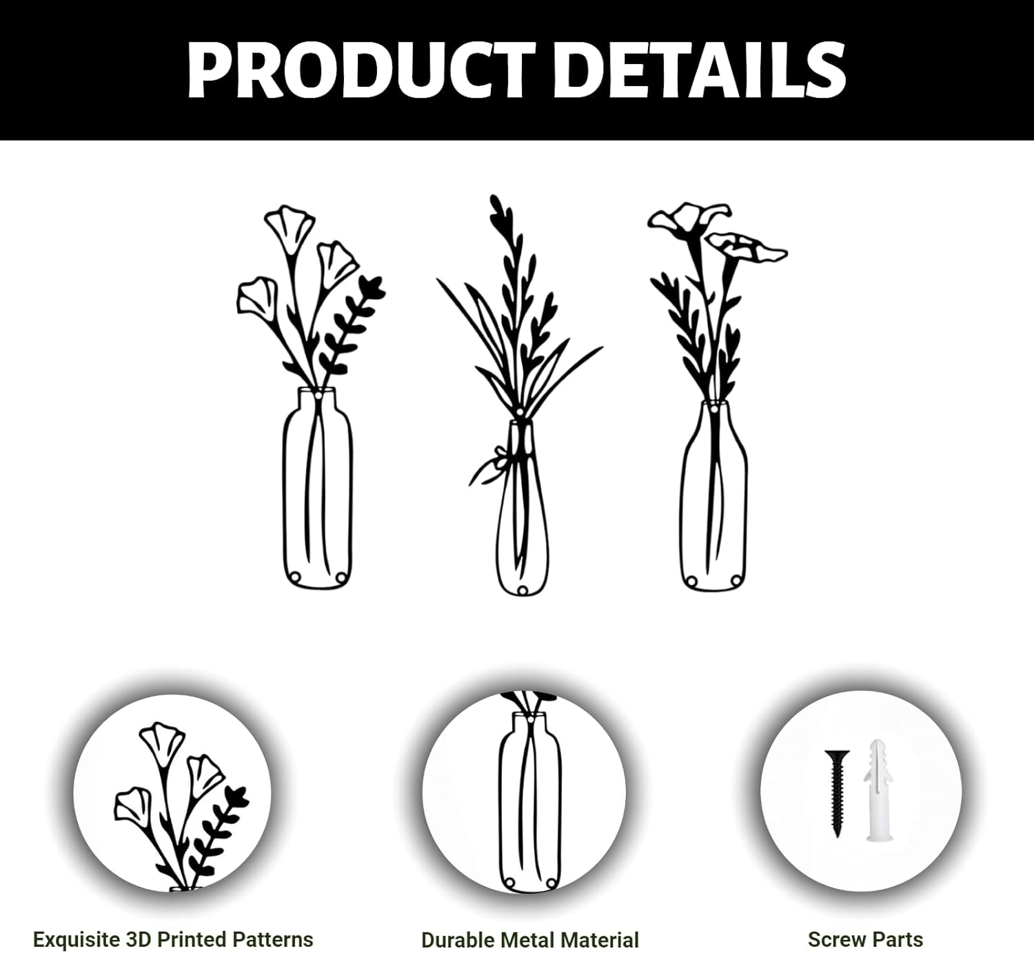 RISCORIO 3 Pieces Flower Wall Decor Minimalist Wall Art, Metal Flowers Wall Arts for Dining Room, Living Room, Bedroom, Bathroom, Kitchen, Rustic Farmhouse Decor, Black - Image 3