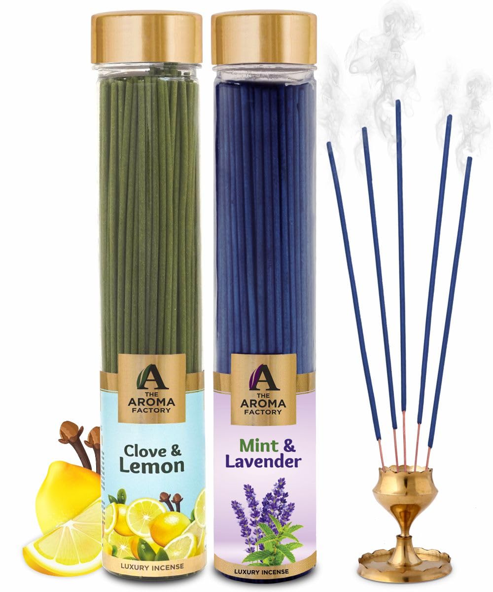 The Aroma Factory Varitas de incienso orgánico de clavo y limón, menta y lavanda (hierbas Agarbatti para Pooja) 0% carbón, 0% azufre, 2 botellas de 100 g