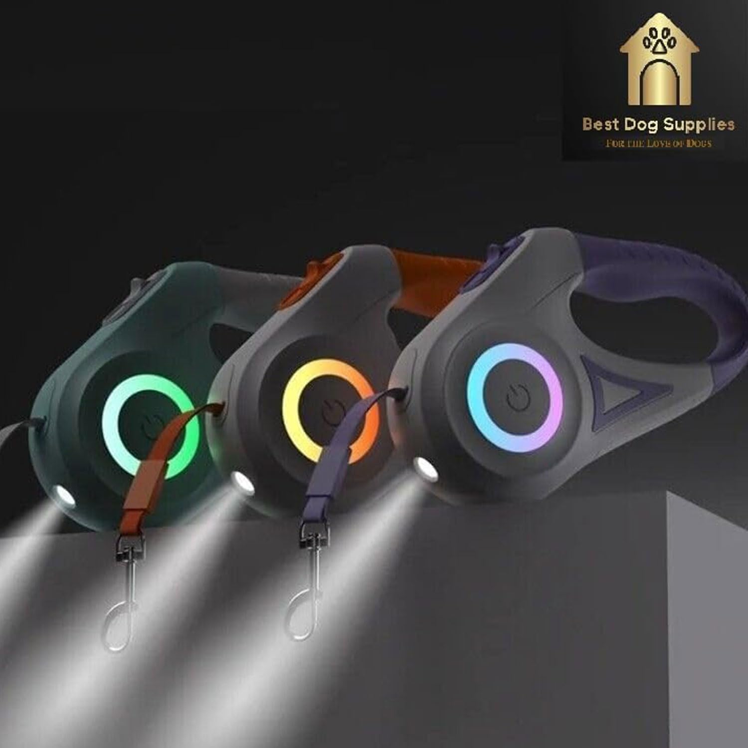 Correa retráctil automática para perro con linterna y luces LED de seguridad, color naranja