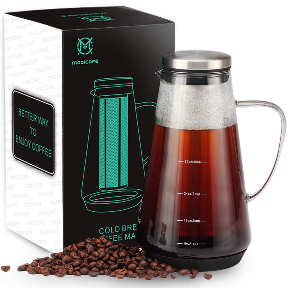 Cold Brew Coffee Maker - Tea Infuser with Spout Tight Iced Brewing Glass Carafe 40oz