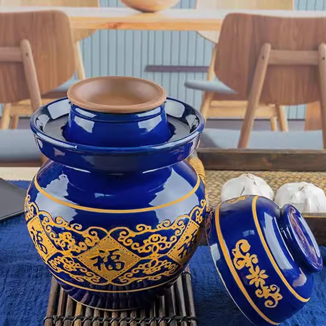 Duży ceramiczny słoik na marynaty z pokrywkami, niebieski tradycyjny porcelanowy słoik do marynowania, ceramiczny garnek fermentacyjny z uszczelką wodną pokrywką śluzy powietrznej, garnek z