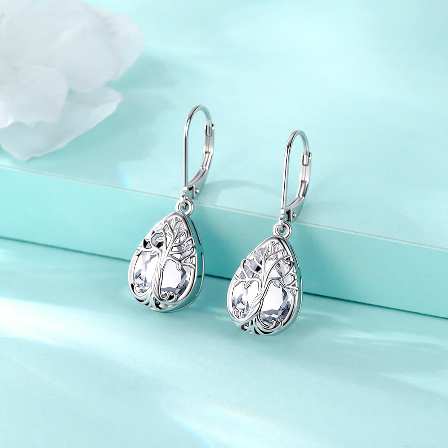 Eusense Birthstone Moonstone Turquoise Teardrop Dangle Earrings for Women Sterling Silver Pear-shaped Stone Tree of Life Animals Leverback Earrings Jewelry - Image 4