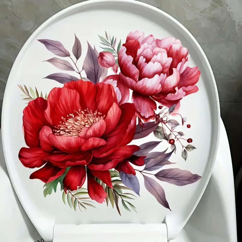 Merry Christmas Red Flowers Leaf Toilet Cover Sticker Decals,Spring Flower Leaf Butterfly Waterproof Toilet Lid Tank Seat Decals Cistern Self-Adhesive Bathroom Wall Sticker