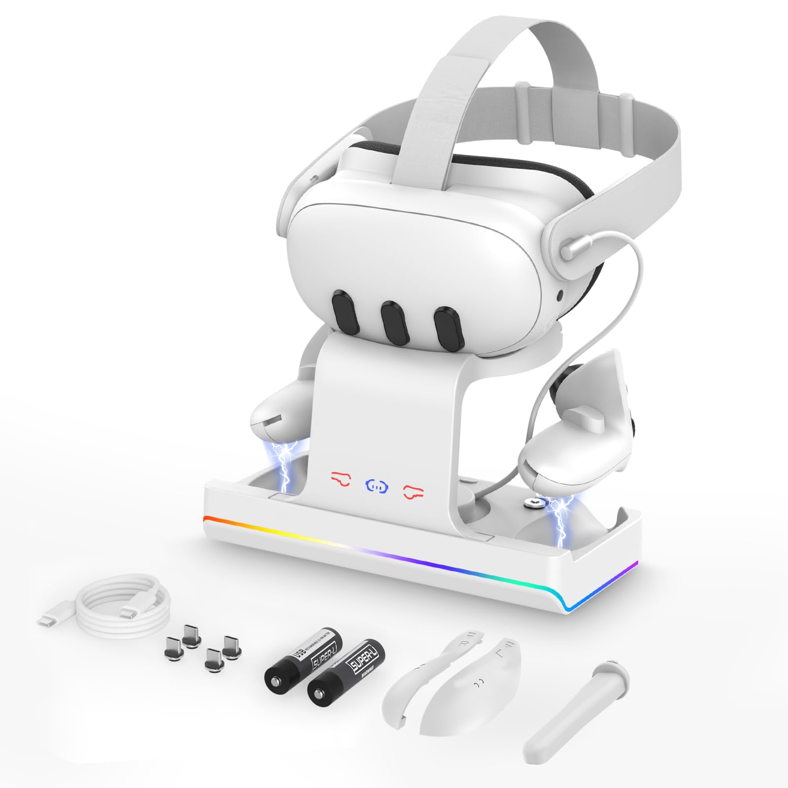 Charging Dock for Meta/Oculus Quest 3: GEEKERA Charging Station w/LED Indicator, VR Charging Stand for Meta Quest 3 Headsets & Controllers, VR Accessories with 2 Rechargeable Batteries, Fast Charging