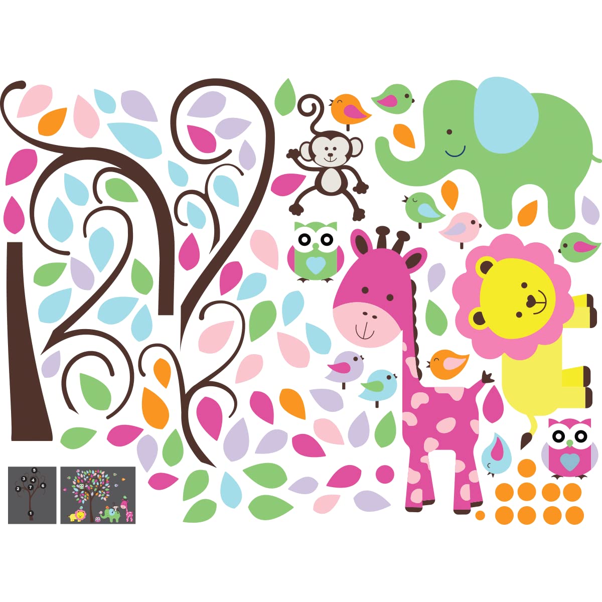 Children's Wall Stickers - Baby Room Decoration - Children's Bedroom Wall Sticker - Multi-Coloured Jungle Animals - H60 x L80 cm