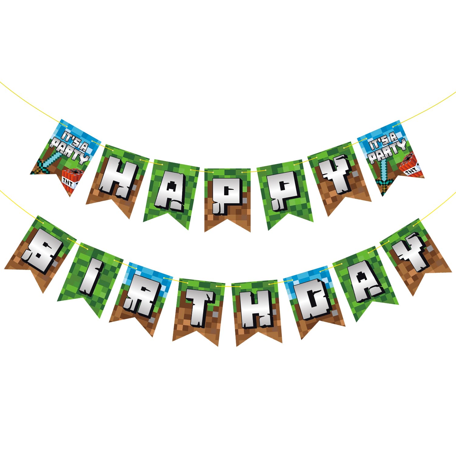Pre-Strung Game Theme Happy Birthday Banner - NO DIY - Video Gaming Pixel Party Decoration Favors Background Photo Props Birthday Party Supplies