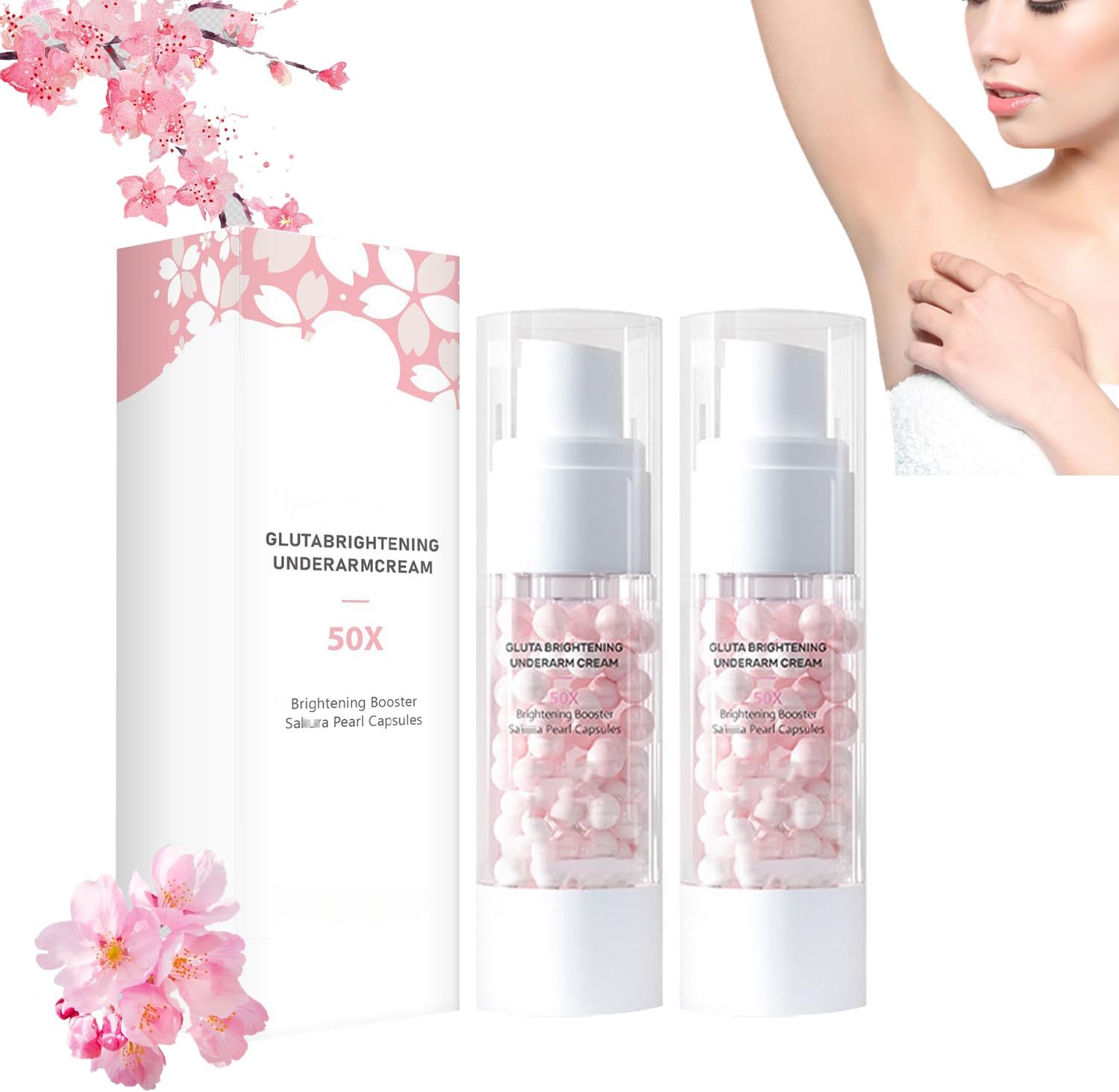 Gluta Brightening Underarm Cream Deodorant Spray, Underarm Cream, 50X Pearl Capsules Armpit