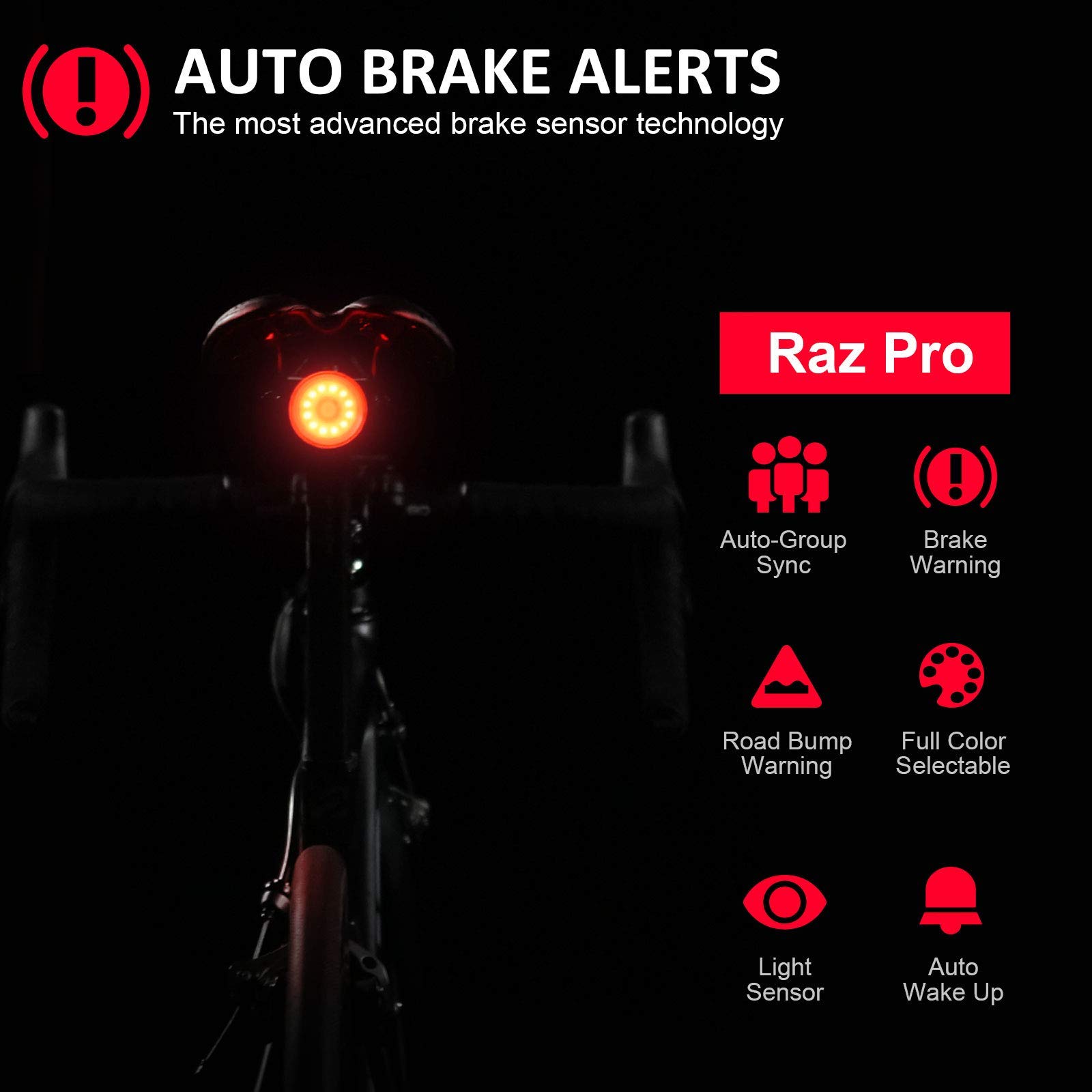 SHANREN Raz Pro Smart Lampe arrière pour vélo, Alertes de freinage, Sync d’équipe-Auto avec capteur de lumière, Supports optionnels pour Tige de siège/Selle/Casque, Lumière LED étanche Rechargeable