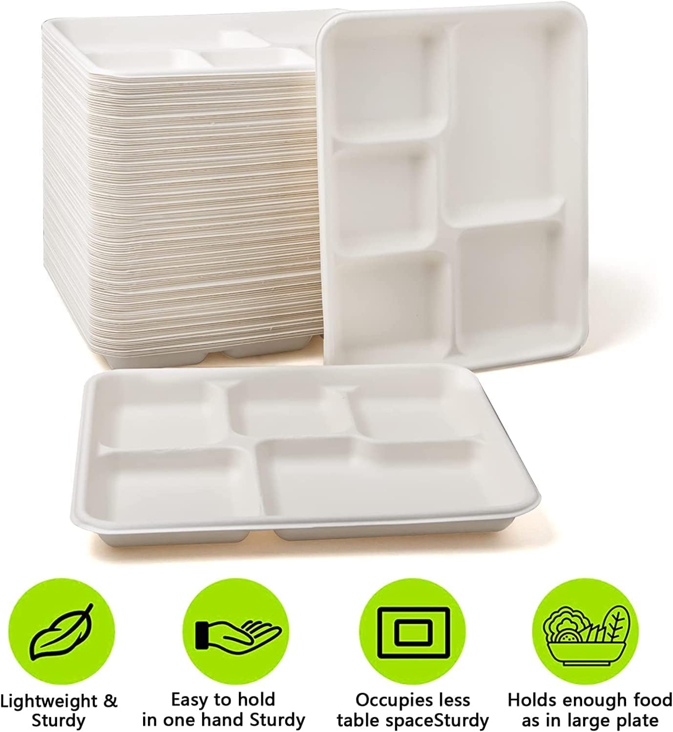 MSYU 125 piatti in cartone compostabili al 100% a 5 scomparti, vassoio da pranzo usa e getta di alta qualità, ecologici, realizzati in fibre di canna da zucchero