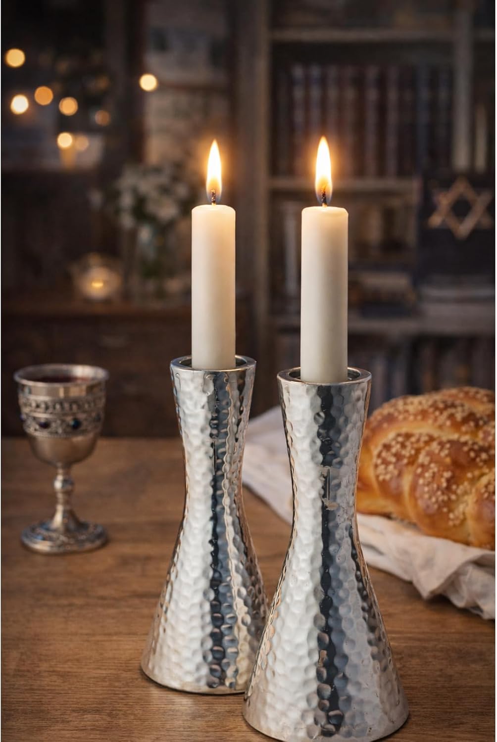 Rite Lite Hammered Polished Aluminum Candlestick Holder Set of 2 | Elegant Jewish Holiday Party Favor Shabbos Home Decor Gift Gifts Hostess Judaica Centerpiece Modern Shabbat Candle Holders 5.75" H